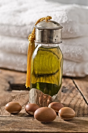 Still life of argan oil and fruits.の写真素材