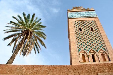 Minaret of a Mosque with a palm treeの写真素材