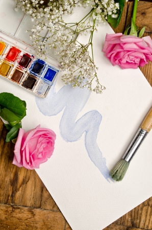 Watercolor painting with flowersの写真素材