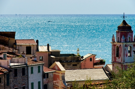 View of Tellaro, ancient village in the Italian region of Liguria, and the Mediterranean seaの写真素材