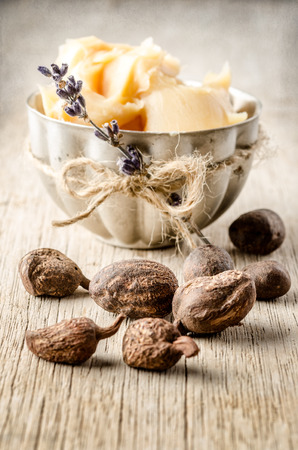 shea nuts with a cup of shea butter. Shallow depht of fieldの写真素材