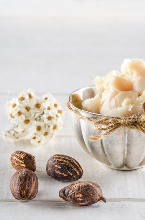 Shea butter and nuts on a woodの写真素材