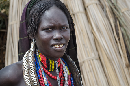 ARBORE, ETHIOPIA, 13 AUGUST:unidentified woman from Arbore tribe in Arbore, Ethiopia, on 13 august 2014. Arbore women use a lot of bead necklaces as personal decorationのeditorial素材
