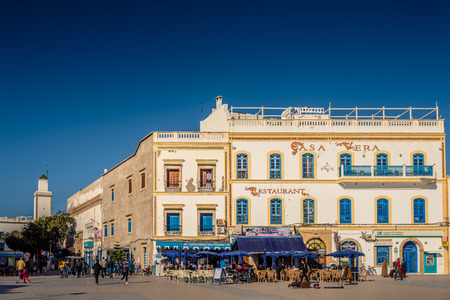 Essaouira, Morocco - 30 March 2015: typical street of Essaouira with caf and restaurants. Essaouira is one of the most turistic place in Morocco for his beautiful beaches.のeditorial素材