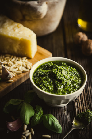 traditional sauce for pasta made with basil, parmesan, pine nut and olive oil, Shallow depth of fieldの写真素材