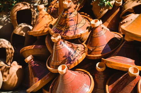Big group of tajine, moroccan pot for cooking typical moroccan foodの写真素材