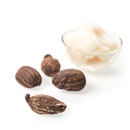Shea butter and nuts on whiteの写真素材