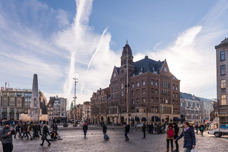 AMSTERDAM, THE NETHERLANDS - 20 JANUARY, 2017: The Dam Square in the center of the town. Its notable buildings and frequent events make it one of the most well-known and important locations in the city and the country.のeditorial素材