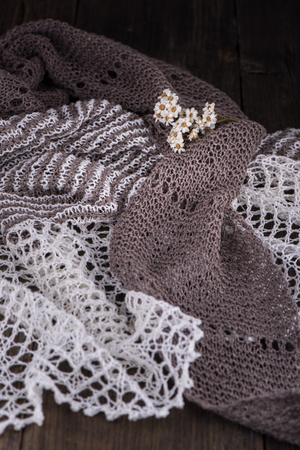 Handmade knitted brown shawlの写真素材