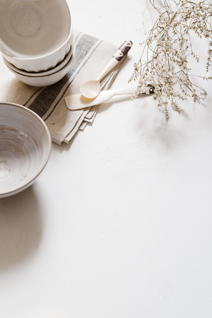 kitchen pottery and accessory with natural tones and materialsの写真素材