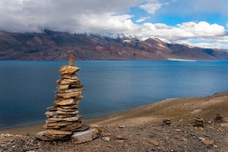 Stones with basreliefs of preyers in Tso Moririの写真素材