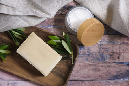 Skincare routine with cream and soapの写真素材