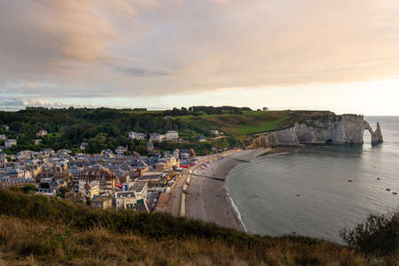 The town of Etretat and the cliffsの写真素材