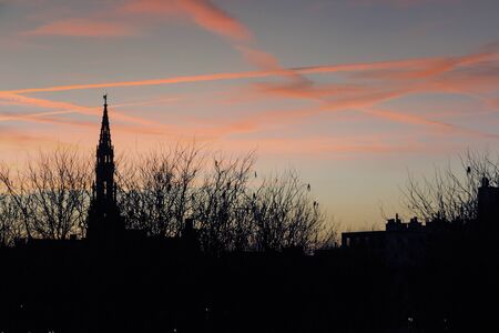 Brussels Belgium City Hall Tower at sunsetの写真素材