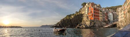 View of Riomaggiore, one of the centuries-old coastal villages on the rugged coast of the Italian...