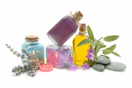 spa still life with perfumes and aromatic herbsの写真素材