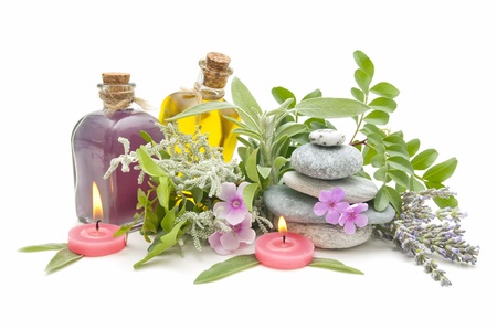 spa still life with perfumes and aromatic herbsの写真素材