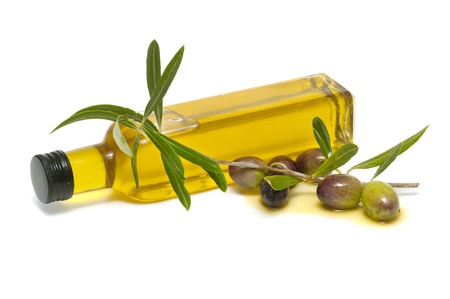 olive oil and fresh olives on white backgroundの写真素材