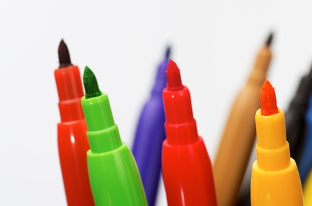 macro photography of colored pencils on white backgroundの写真素材