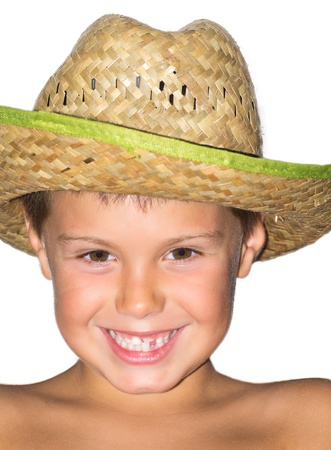 Macro photography boy with hat on white backgroundの写真素材