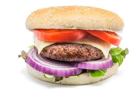 photograph of a beef burger on white backgroundの写真素材