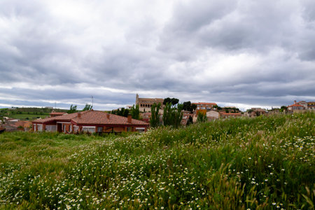 A vibrant field filled with wildflowers contrasts against rustic homes and a historic building under gray clouds.の写真素材