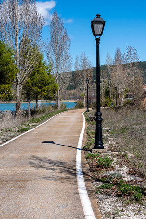 Walking path beside a serene lake with street lamps on a sunny day in springの写真素材