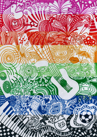 colorful drawn rainbow doodle for childrenの写真素材