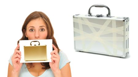 Beautiful woman with golden briefcase next to an old oneの写真素材