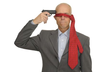 Mature man with a gun isolated in white