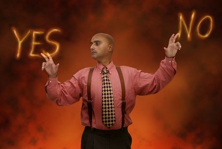 businessman in hell making a choice