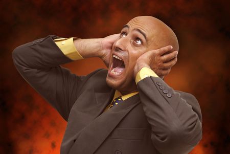 Desperate businessman in hell