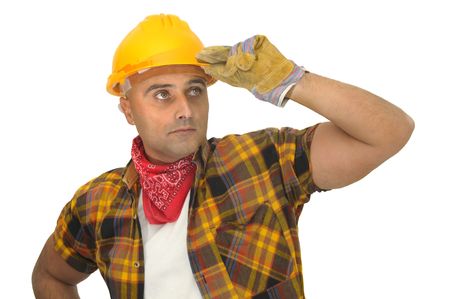 worker with hat isolated against a white backgroundの写真素材