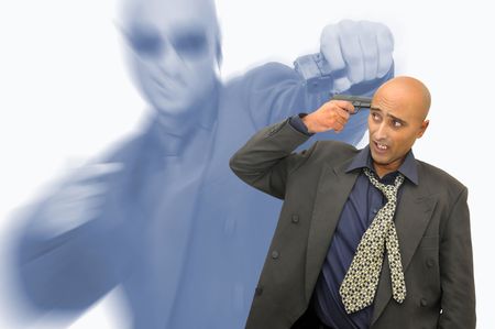 Man with gun isolated against a white backgroundの写真素材