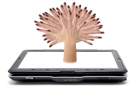 Notebook with tree hand isolated against a white backgroundの写真素材