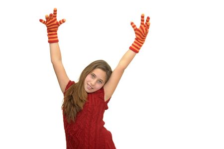 Beautiful girl with gloves isolated in whiteの写真素材