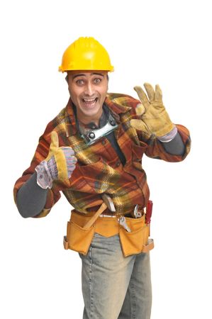Worker with hat and tools isolated in white