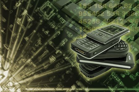 Several cellphones with hightech background