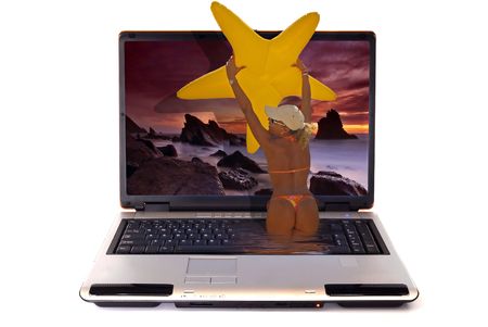 Wide laptop on white backgroundの写真素材