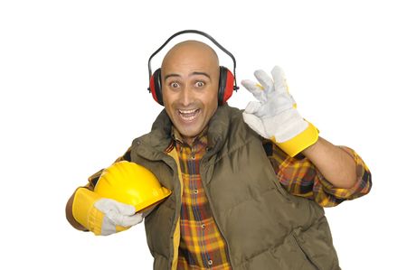 Worker with hat and hearphones isolated in whiteの写真素材