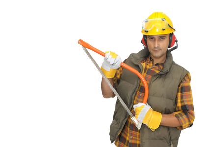 Worker with hat and protection phones isolated in white