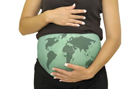 Pregnant woman belly with world map  isolated in whiteの写真素材