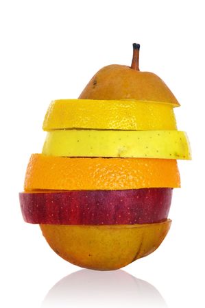Pear made of different fruit slices isolated in whiteの写真素材