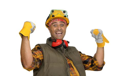 Worker with hat and hearphones isolated in whiteの写真素材