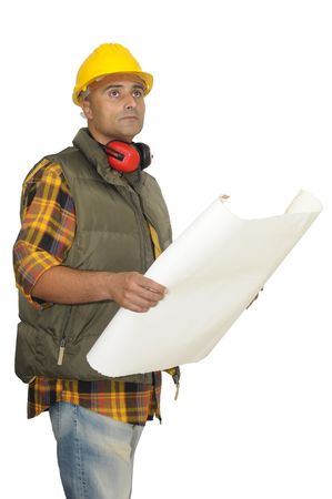 Worker with hat and project isolated in white