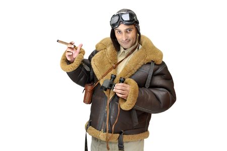 WWII fighter pilot with cigar isolated in whiteの写真素材