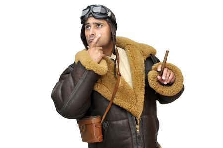 WWII fighter pilot with cigar isolated in whiteの写真素材