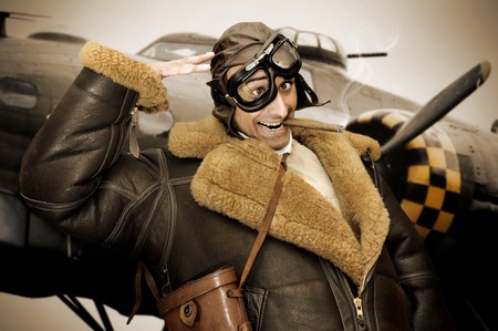 Crazy WWII bomber pilot salutingの写真素材