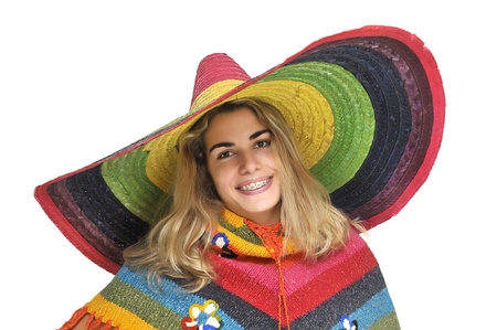 Sexy girl with a big sombrero isolated in whiteの写真素材