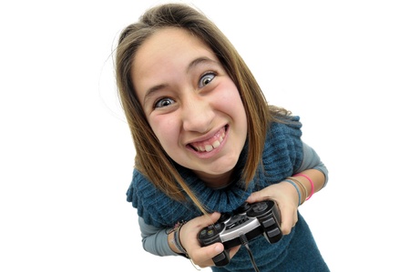 Stressed young girl playing console games